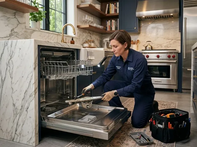 Appliance Repair Hero technician servicing a built-in dishwasher in a Bouckville, NY kitchen