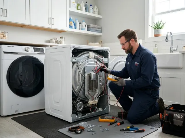 Appliance Repair Hero technician checking a dryer heating element with the rear panel off in Bouckville, NY