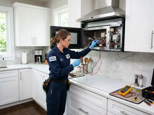 Appliance Repair Hero technician testing an over-the-range microwave in a Bouckville, NY kitchen