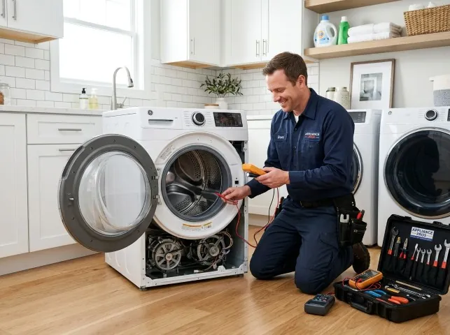 Appliance Repair Hero technician testing a front-load washer with a multimeter on a Bouckville, NY service call